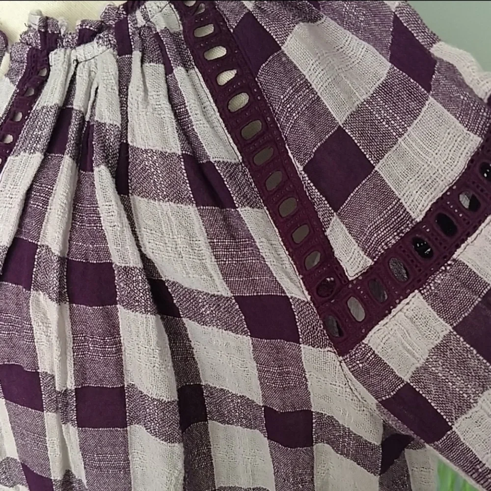 Free People Blouse Peasant Plaid V-Neck Tassel Tie Gauzy Cotton Plum White M NWT